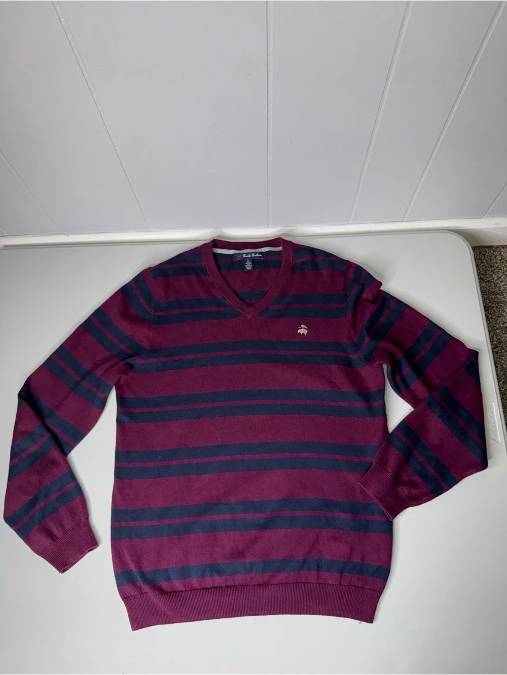 Brooks Brothers Burgundy and Charcoal Striped V-Neck Sweater